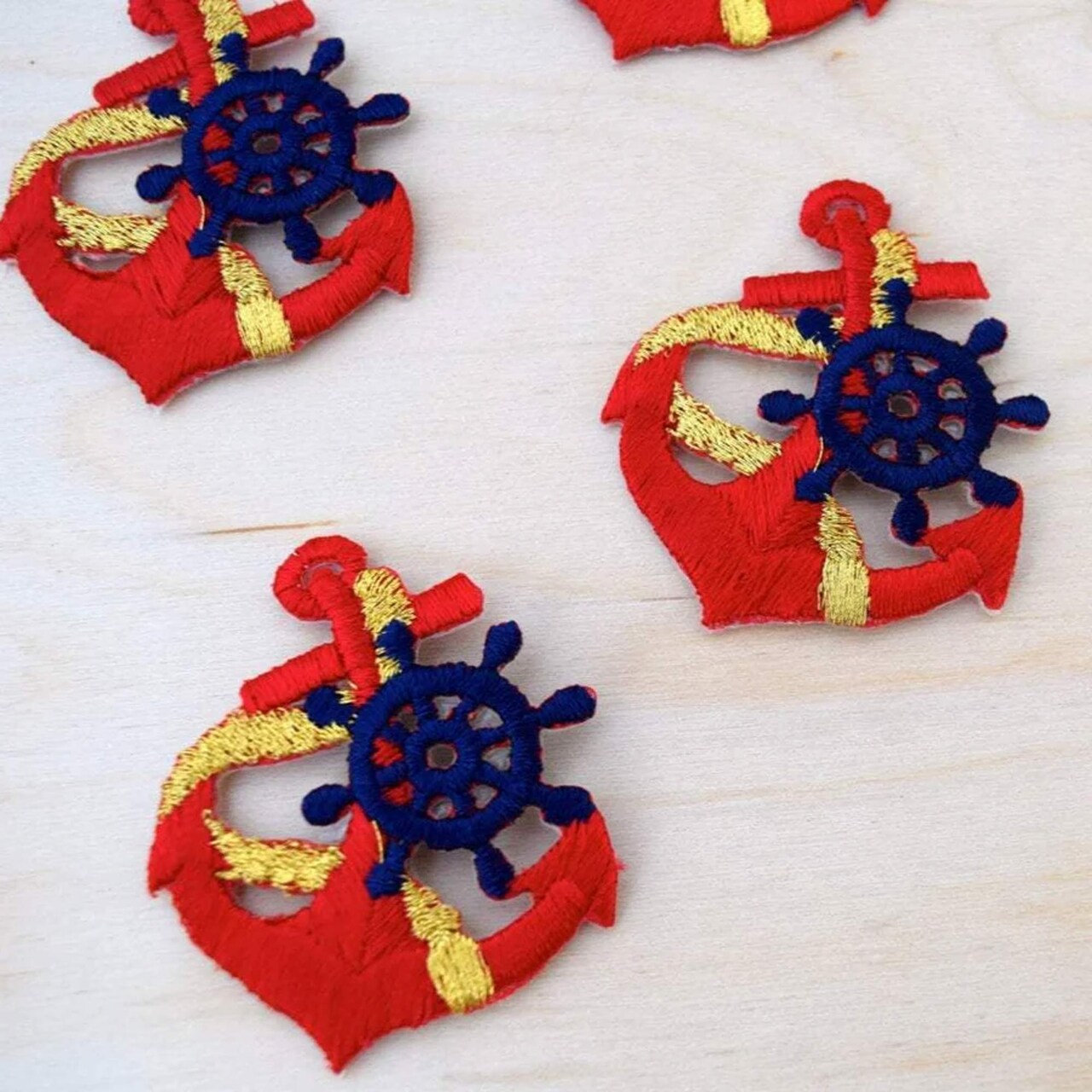 Red Anchor Patches Embroidered Nautical Applique with Ship Wheel Set of 2